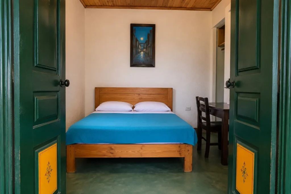 Habitación privada de Casa Colibrí con cama doble y luz individual